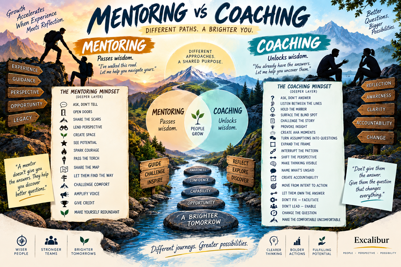 Mentoring vs Coaching: different paths, a brighter you — mentoring passes wisdom, coaching unlocks wisdom