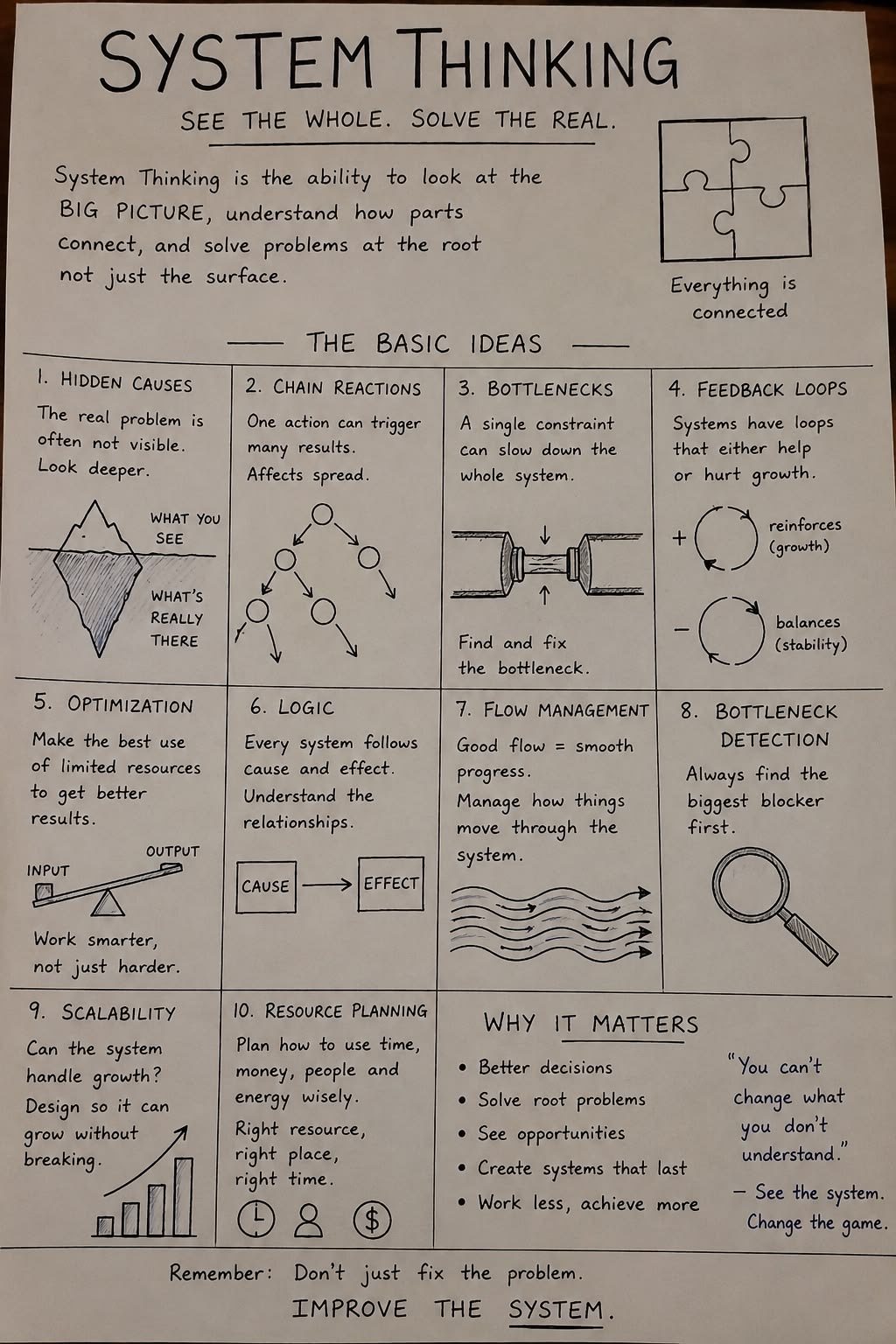 Hand-lettered poster of system thinking basics: hidden causes, chain reactions, bottlenecks, feedback loops, optimization, logic, flow management, bottleneck detection, scalability and resource planning