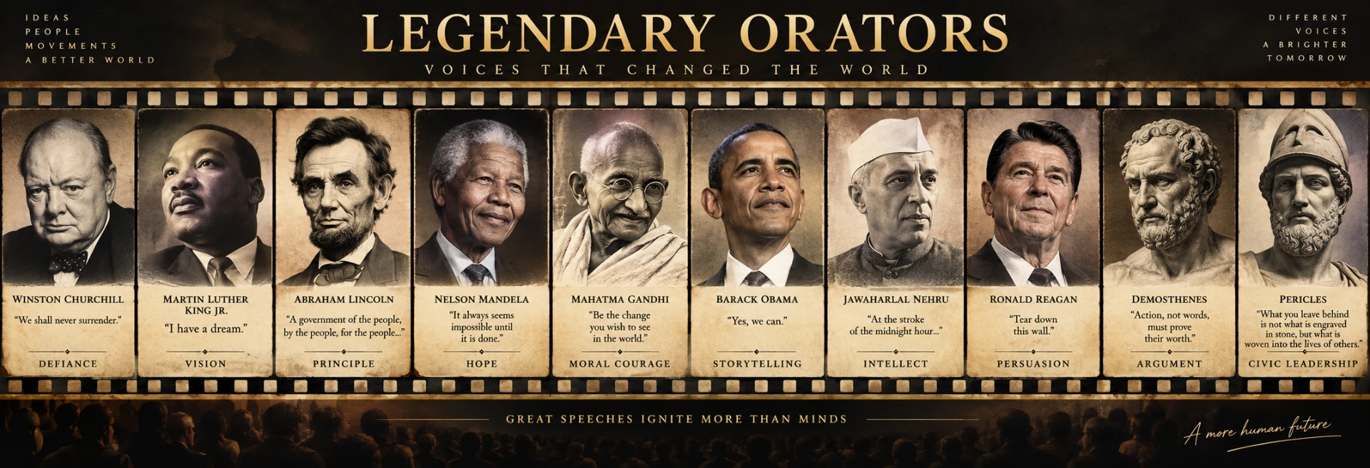 Legendary Orators — voices that changed the world: Churchill, Martin Luther King Jr., Lincoln, Mandela, Gandhi, Obama, Nehru, Reagan, Demosthenes and Pericles