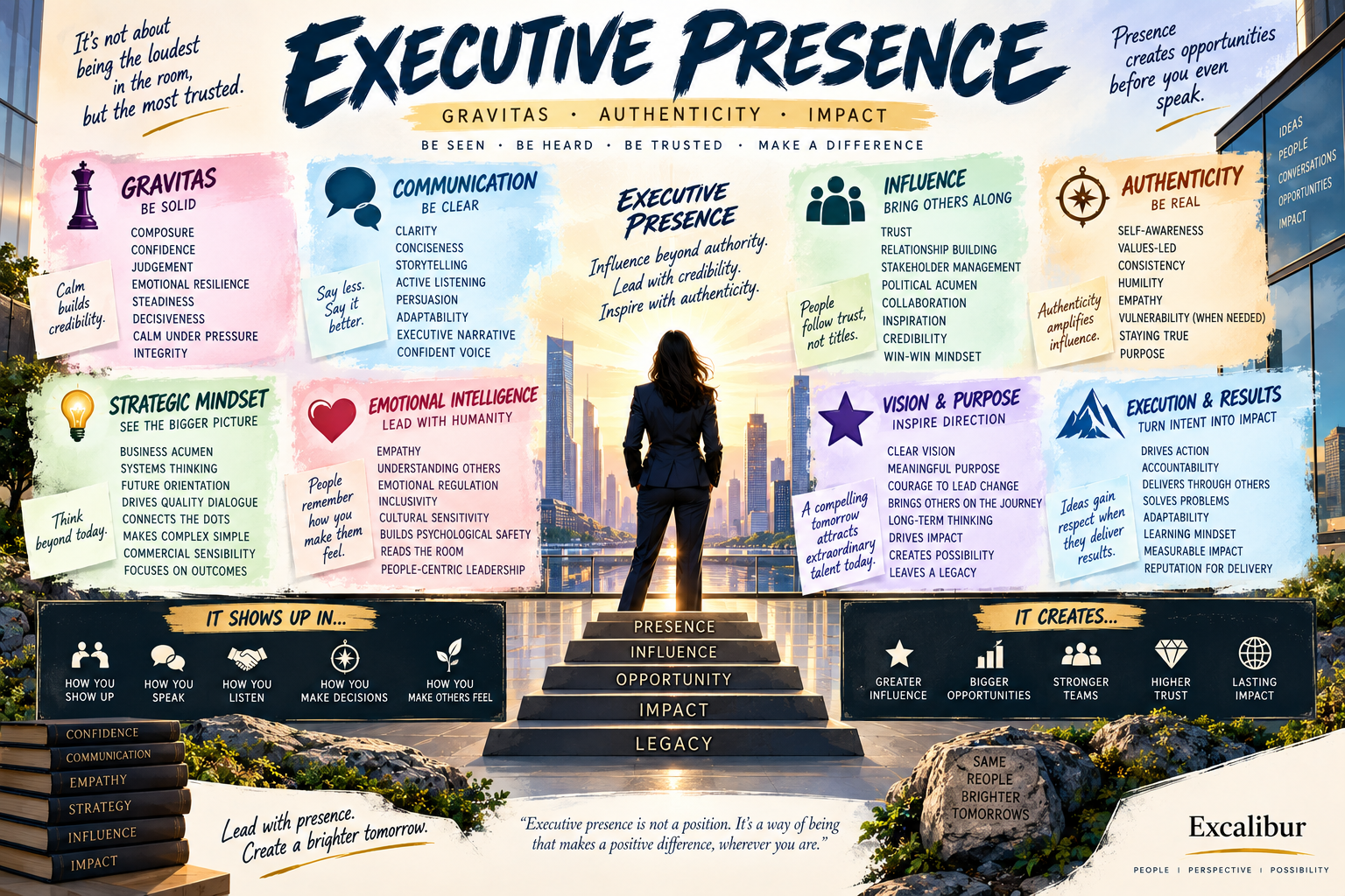 Executive presence — gravitas, communication, influence, authenticity, strategic mindset, emotional intelligence, vision and results