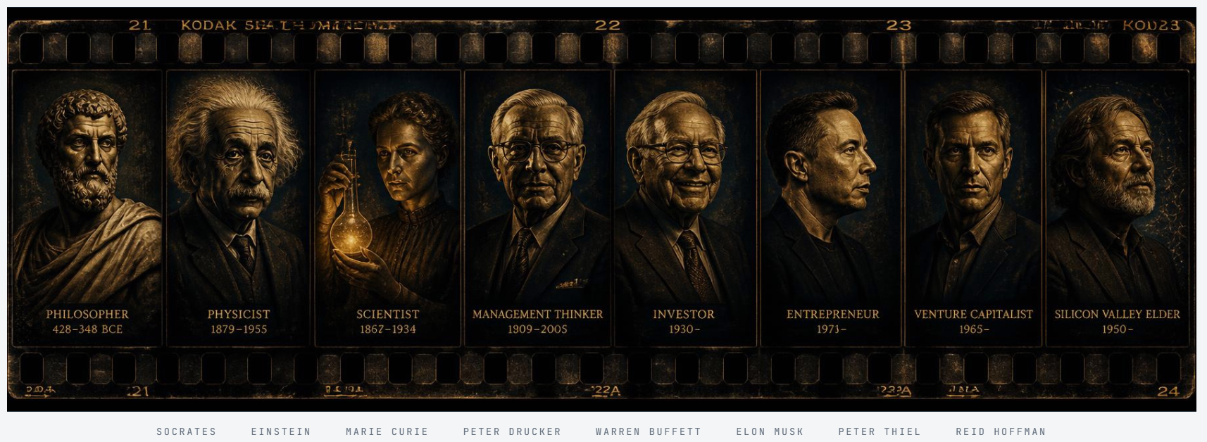 Filmstrip of great thinkers and leaders: Socrates, Einstein, Marie Curie, Peter Drucker, Warren Buffett, Elon Musk, Peter Thiel, Reid Hoffman
