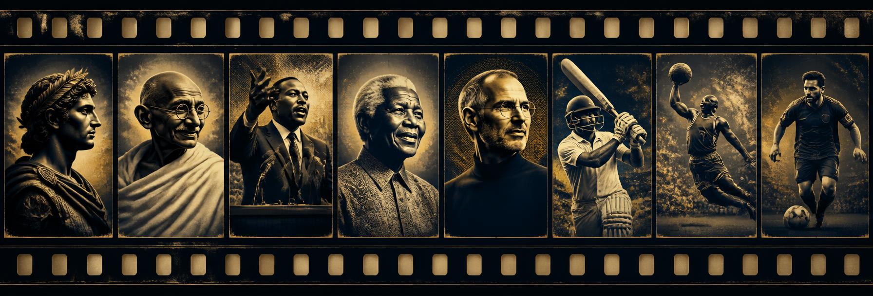 Filmstrip of iconic leaders: Alexander the Great, Gandhi, Martin Luther King Jr., Nelson Mandela, Steve Jobs, Sachin Tendulkar, Michael Jordan, Lionel Messi