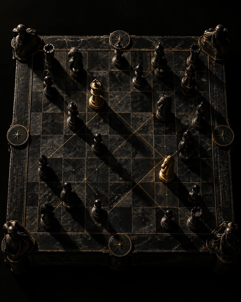 An obsidian chessboard with two pieces highlighted in antique gold, long shadows