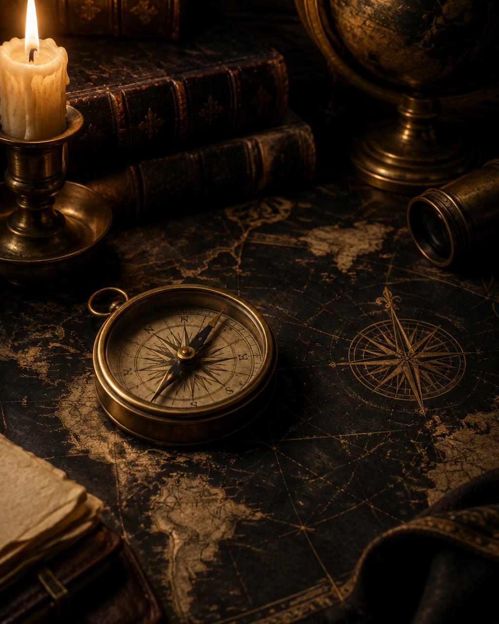 An antique brass compass resting on a dark aged map with a gold compass rose