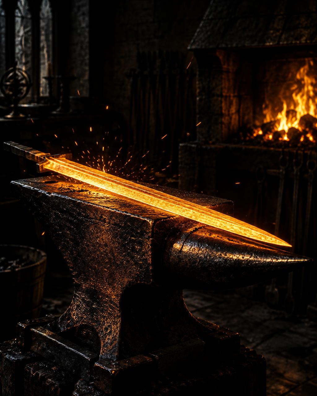 A sword blank glowing molten gold on a dark iron anvil beside a forge fire