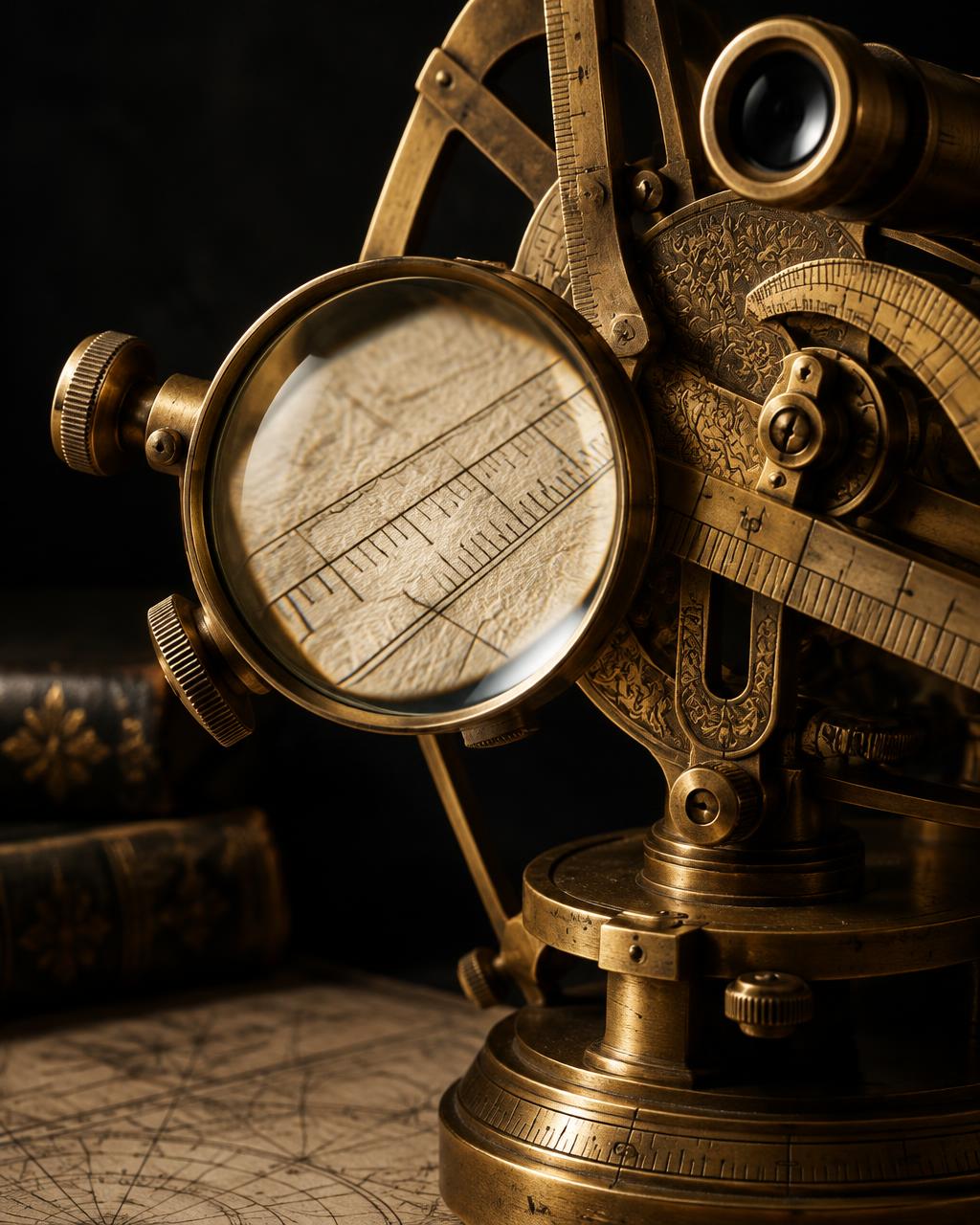 A precision brass optical instrument with a magnifying lens and engraved mechanisms