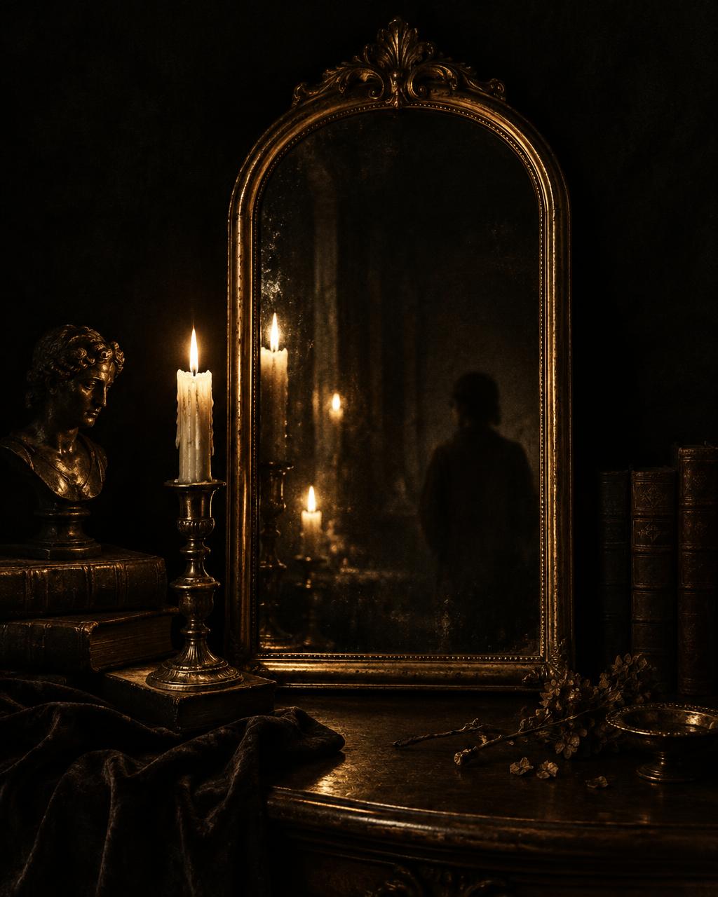 An antique mirror in a restrained gold frame, a solitary silhouette barely reflected in candlelight