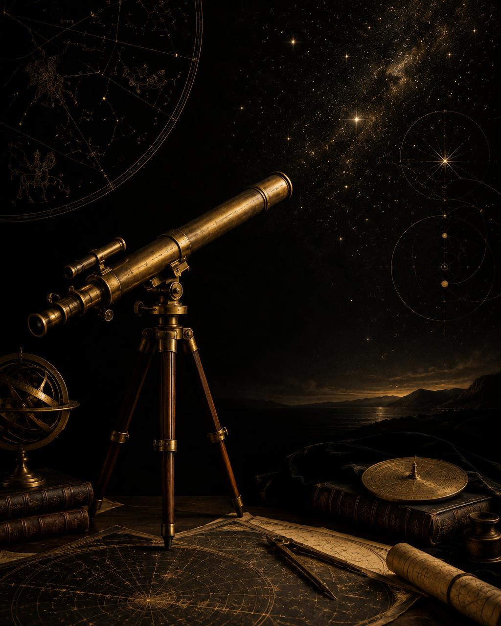 A brass telescope aimed at a star-filled horizon among celestial charts